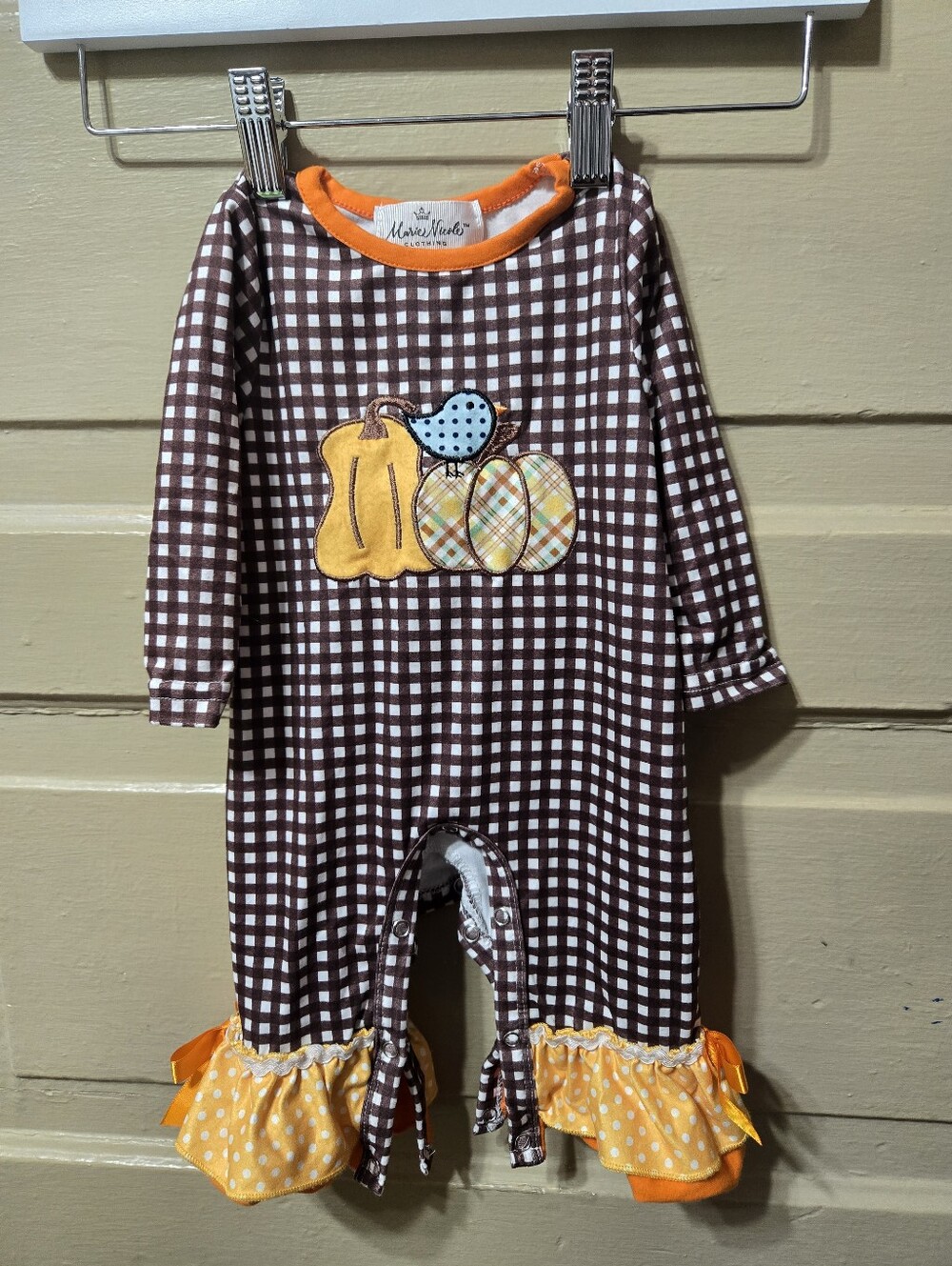 Marie Nicole Checkered Pumpkin Ruffle One Piece Fall Outfit 0-3M